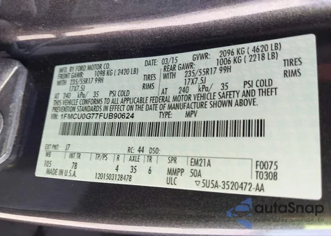 2015 Ford Escape Se z USA, uszkodzony, nr VIN 1FMCU0G77FUB90624